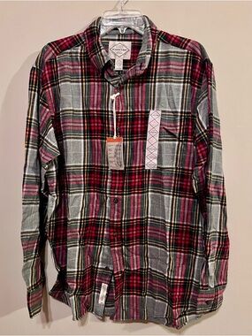 NWT St. John's Bay Men's Red, Gray & Black Plaid Button-Down Shirt - Large